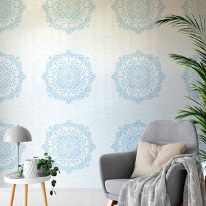 Hand-Drawn Blue Boho Mandalas on White Watercolor Textured Background Removable Peel & Stick and Pre-Pasted Wallpaper - XL Size - Living Room Example
