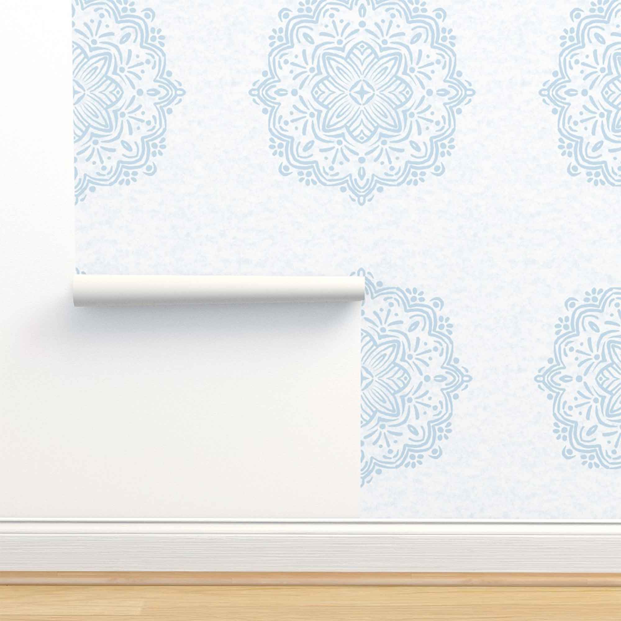 Hand-Drawn Blue Boho Mandalas on White Watercolor Textured Background Removable Peel & Stick and Pre-Pasted Wallpaper - XL Size - Roll size