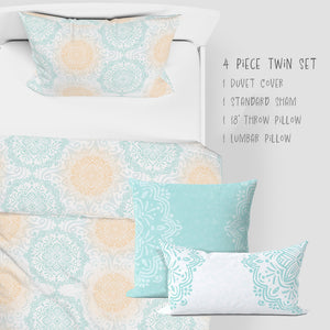 4 Piece Sets for Twin sizes - Mandala Dream Boho Bliss Cotton Bedding comes with Duvet cover, one Sham, 1 18” Throw Pillows and 1 Lumbar Pillow