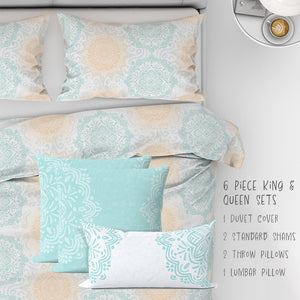 6 Piece Sets for Queen & King sizes - Mandala Dream Boho Bliss Cotton Bedding comes with Duvet cover, two Shams, 2 18” Throw Pillows and 1 Lumbar Pillow