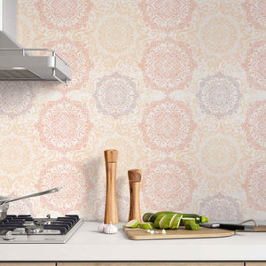 Boho Hand-drawn Mandalas in Pastel Rose, Peach and Lavender Removable Peel & Stick and Pre-Pasted Wallpaper Kitchen example