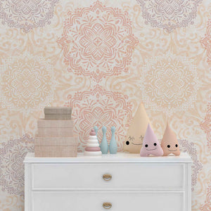 Boho Hand-drawn Mandalas in Pastel Rose, Peach and Lavender Removable Peel & Stick and Pre-Pasted Wallpaper Nursery example