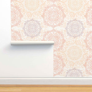 Boho Hand-drawn Mandalas in Pastel Rose, Peach and Lavender Removable Peel & Stick and Pre-Pasted Wallpaper Roll Width