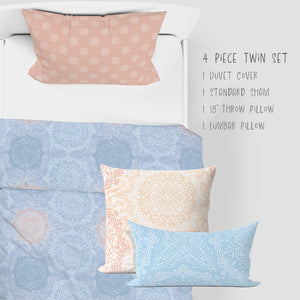 4 Piece Sets for Twin sizes - Mandala Peach Boho Bliss Pastel Cotton Bedding comes with Duvet cover, one Sham, 1 18” Throw Pillows and 1 Lumbar Pillow
