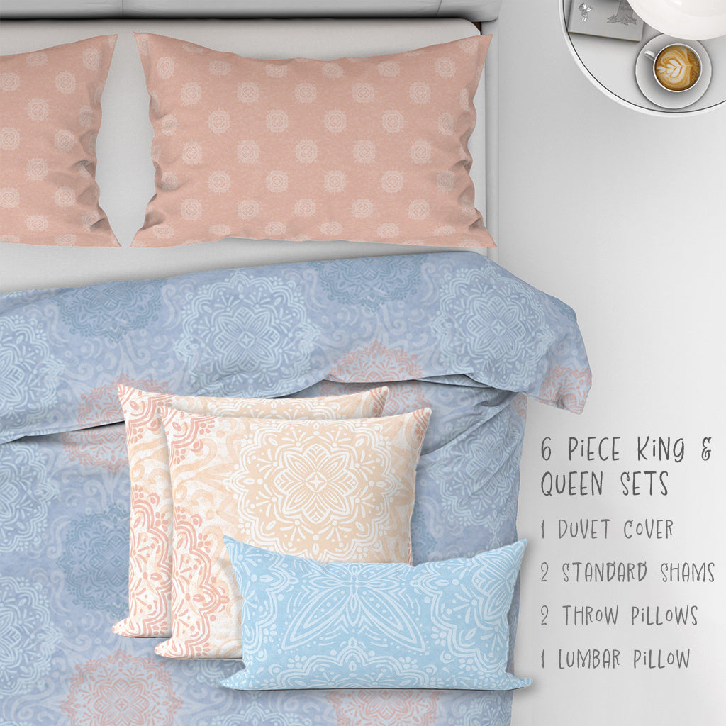 6 Piece Sets for Queen & King sizes - Mandala Peach Boho Bliss Pastel Cotton Bedding comes with Duvet cover, two Shams, 2 18” Throw Pillows and 1 Lumbar Pillow