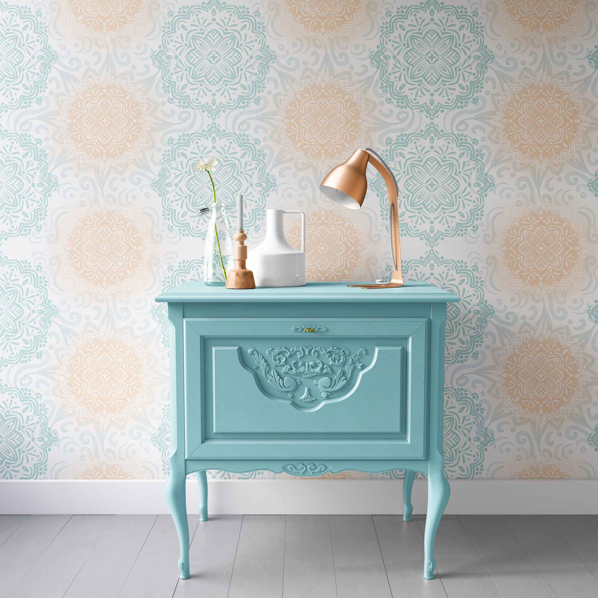 Boho Hand-drawn Mandalas in Pastel Aqua and Peach Removable Peel & Stick and Pre-Pasted Wallpaper Hallway example