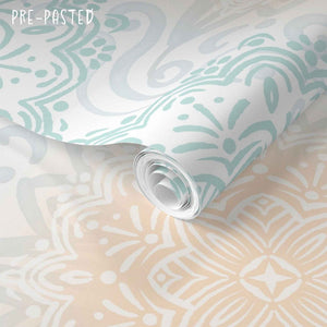 Boho Hand-drawn Mandalas in Pastel Aqua and Peach Removable Pre-Pasted Wallpaper Close Up