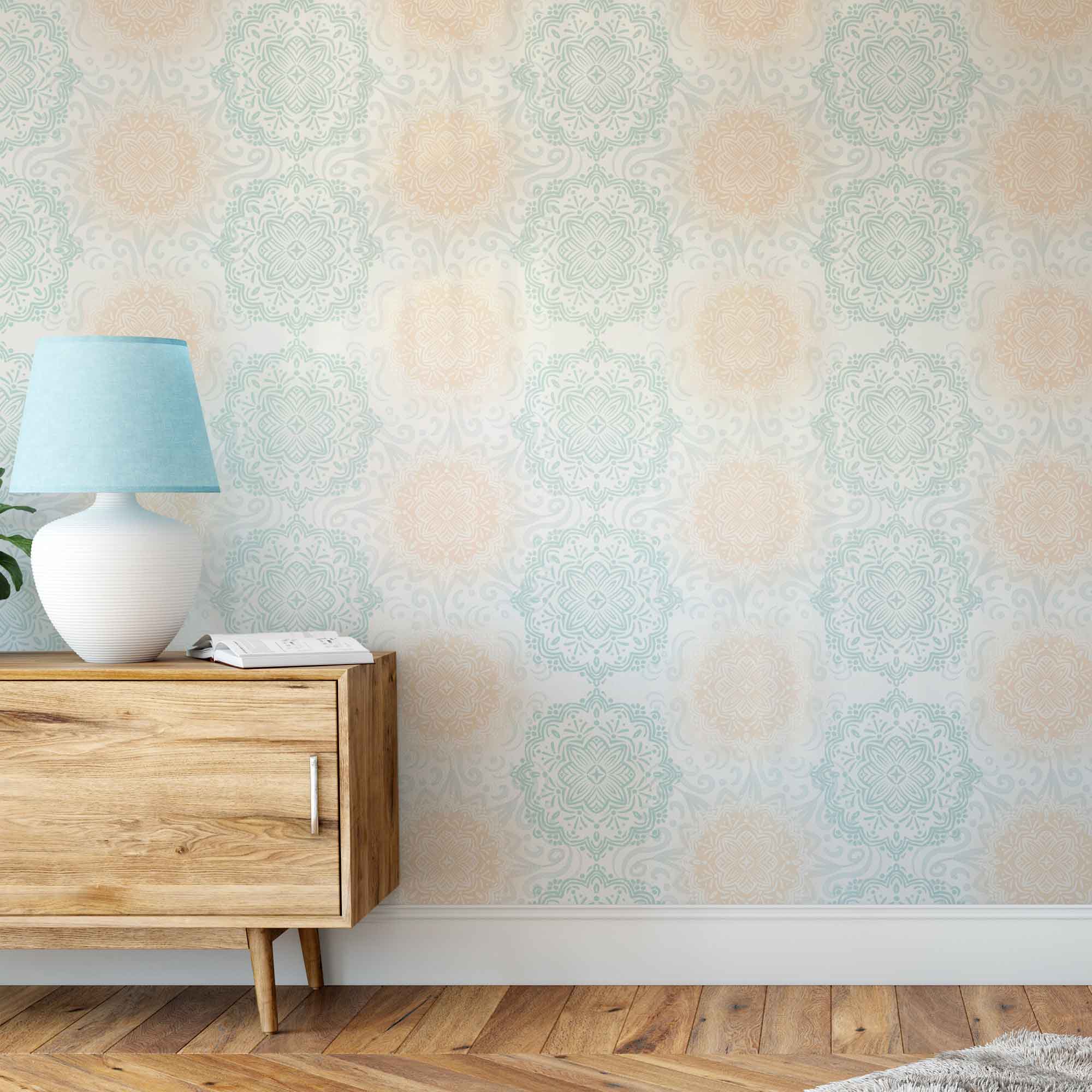 Boho Hand-drawn Mandalas in Pastel Aqua and Peach Removable Peel & Stick and Pre-Pasted Wallpaper Living Room example