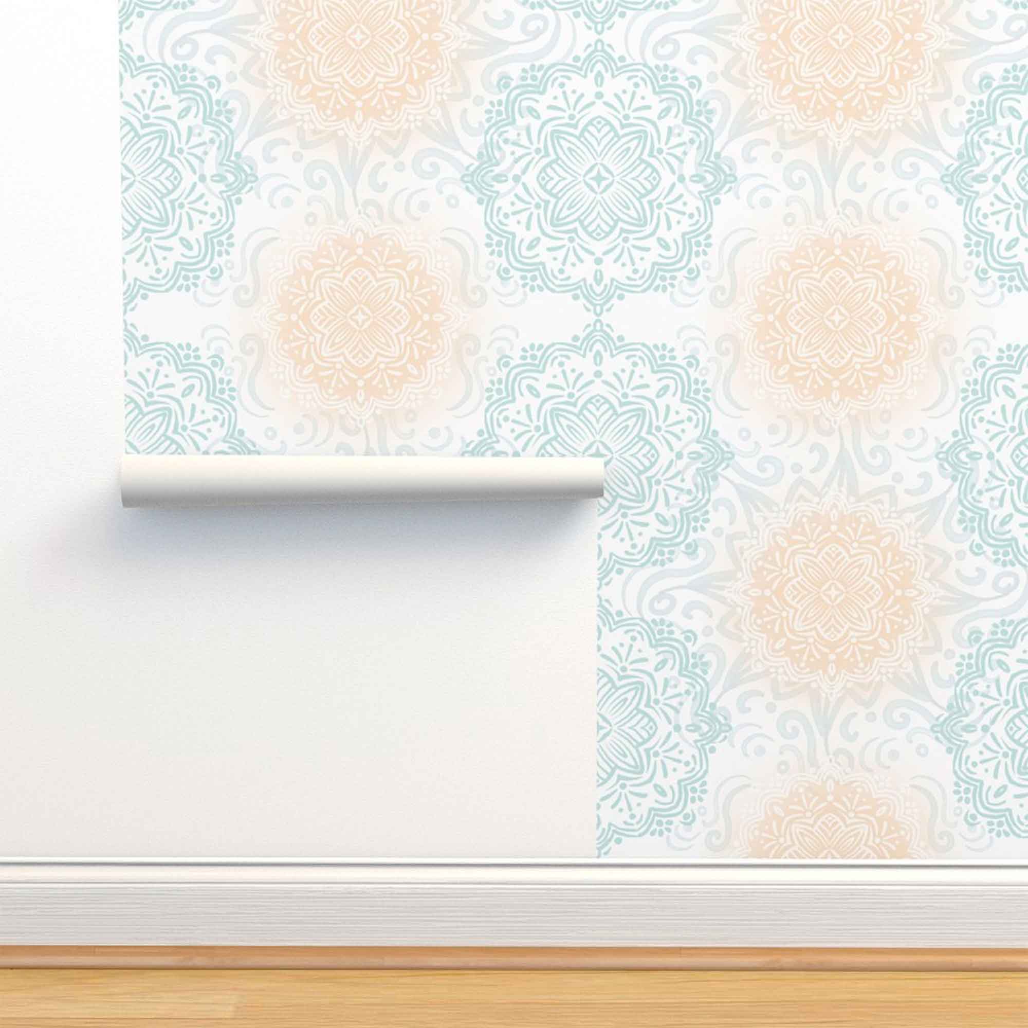 Boho Hand-drawn Mandalas in Pastel Aqua and Peach Removable Peel & Stick and Pre-Pasted Wallpaper Roll Width