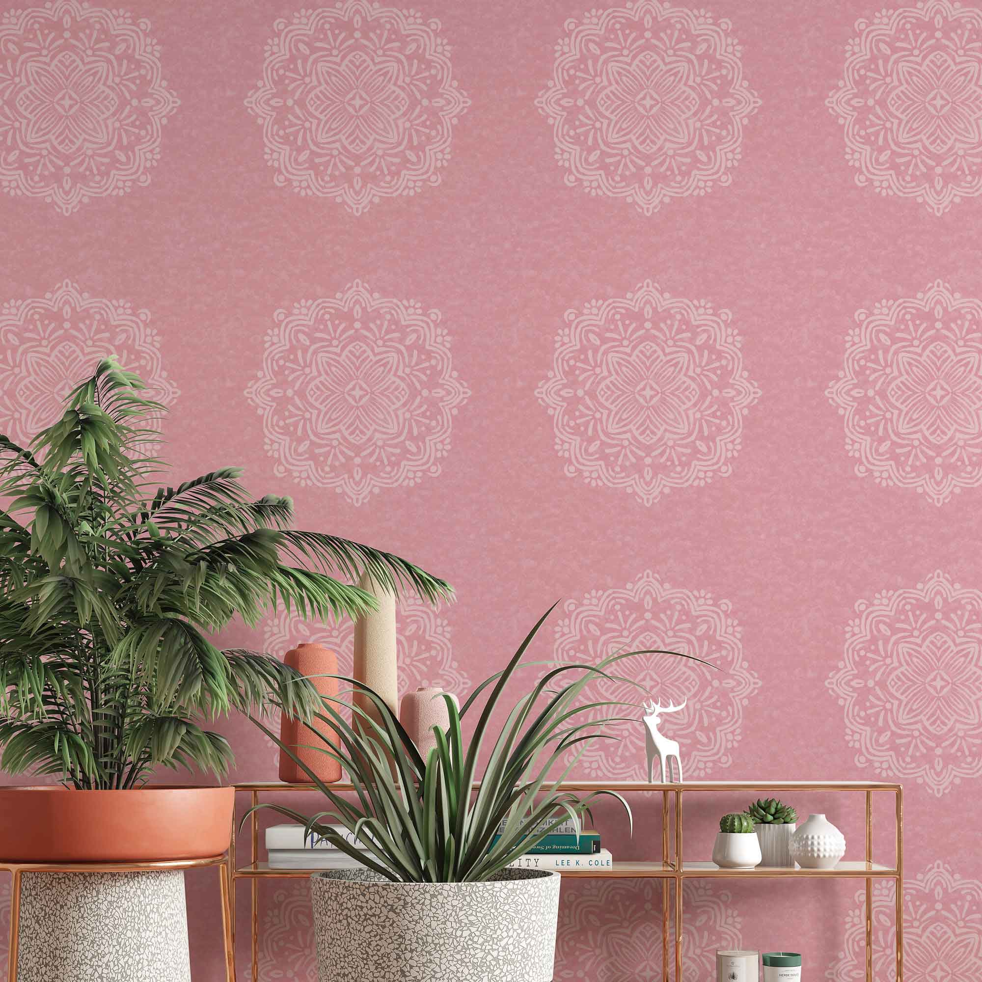 Simple Hand-Drawn Boho Mandalas on Rose Colored Background Removable Peel & Stick and Pre-Pasted Wallpaper - XL Size - Room Example
