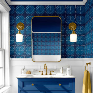  Shibori Indigo Tie Dye Midnight Smaller Pattern Peel & Stick and Pre-Pasted Wallpaper in a bathroom