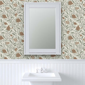 Woodcut Pomegranate fruit in Mocha and Sage Pre-Pasted wallpaper is best for high moisture areas