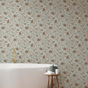 Woodcut Pomegranate fruit in Mocha and Sage is a subtle pattern for any space - shown here in a soothing bathroom