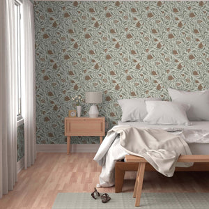 Woodcut Pomegranate fruit in Mocha and Sage is a subtle pattern for any space - shown here on a large wall 