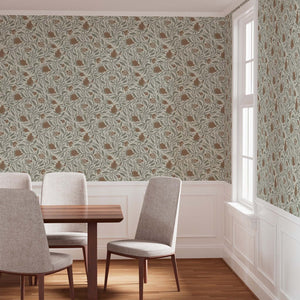 Woodcut Pomegranate fruit in Mocha and Sage is a subtle pattern for any space - shown here in a dining room