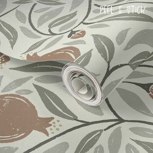 Woodcut Pomegranate fruit in Mocha and Sage wallpaper comes in Peel & Stick for easy application and removal