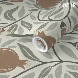 Woodcut Pomegranate fruit in Mocha and Sage wallpaper also comes in Pre-Pasted and is recommended for high moisture areas. Pre-Pasted is also removable