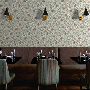 Woodcut Pomegranate fruit in Mocha and Sage is a subtle pattern for any space - also elegant in a restaurant space.