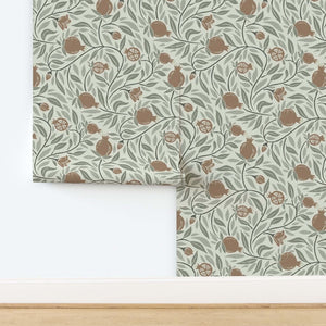 Woodcut Pomegranate fruit in Mocha and Sage wallpaper roll pattern width example