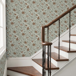 Woodcut Pomegranate fruit in Mocha and Sage is a subtle pattern for any space - shown here in a stairway