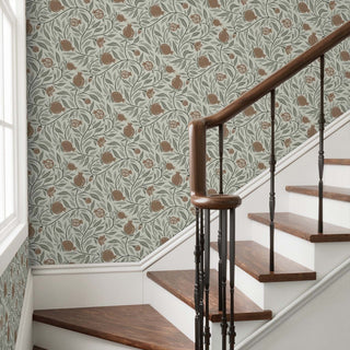 Woodcut Pomegranate fruit in Mocha and Sage is a subtle pattern for any space - shown here in a stairway