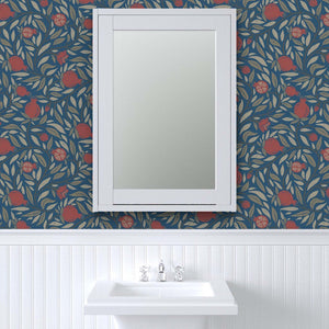 Deep Red woodcut pomegranate fruit on navy backdrop pre-pasted wallpaper for a bathroom