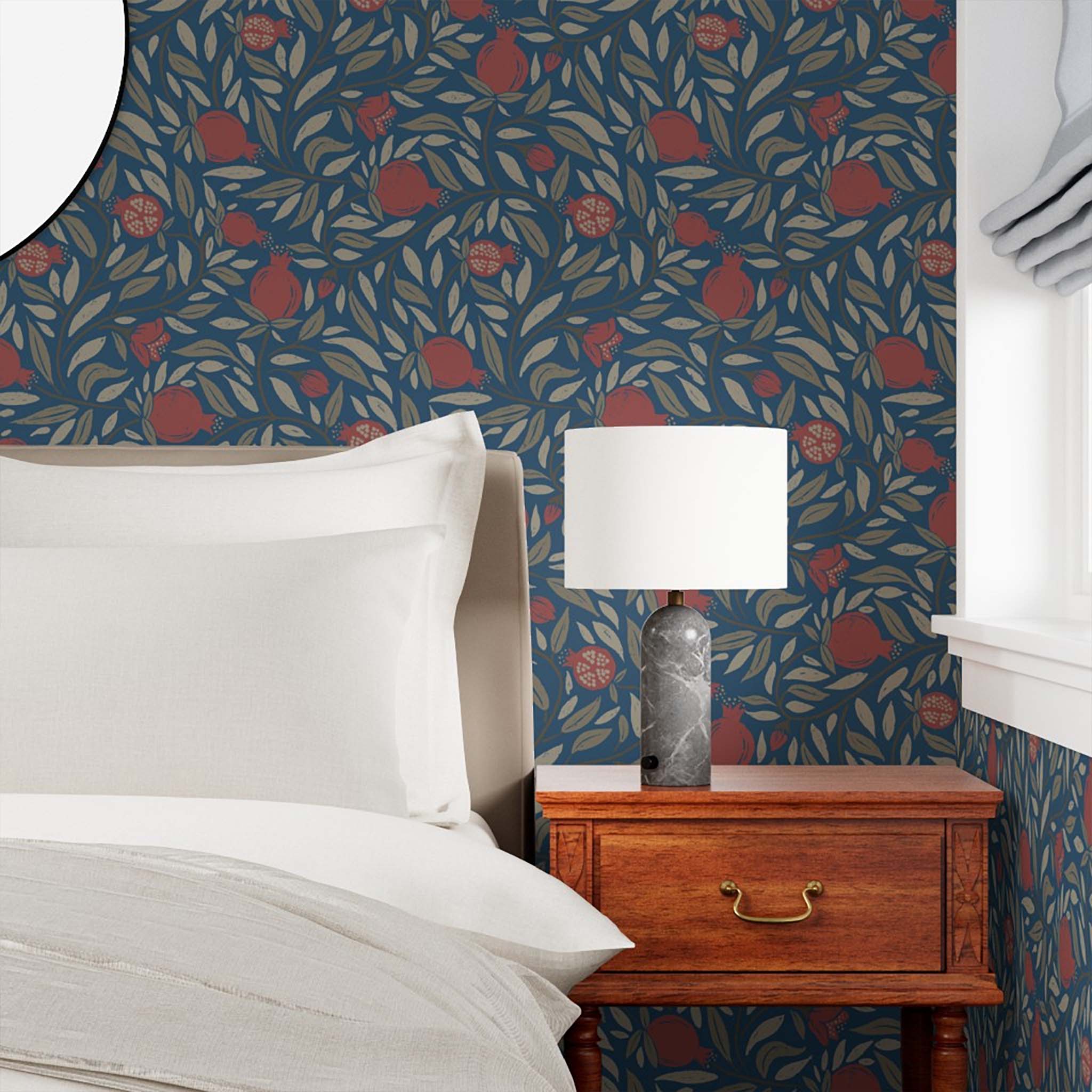 Deep Red woodcut pomegranate fruit on navy backdrop - striking solution for a bedroom