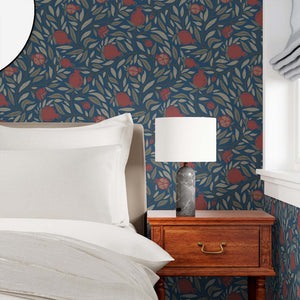 Deep Red woodcut pomegranate fruit on navy backdrop - striking solution for a bedroom