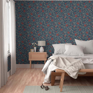 Deep Red woodcut pomegranate fruit on navy backdrop - beautiful in a large room