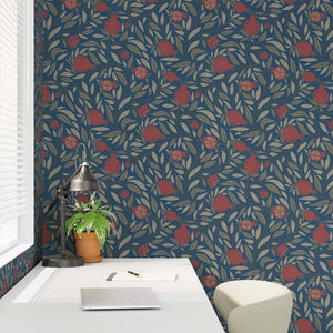 Detail of Deep Red woodcut pomegranate fruit on navy backdrop wallpaper