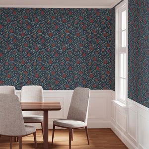 Deep Red woodcut pomegranate fruit on navy backdrop dining room wallpaper