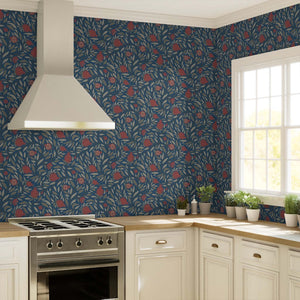 Deep Red woodcut pomegranate fruit on navy backdrop kitchen wallpaper