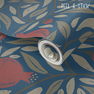 Deep Red woodcut pomegranate fruit on navy backdrop Peel and Stick Wallpaper