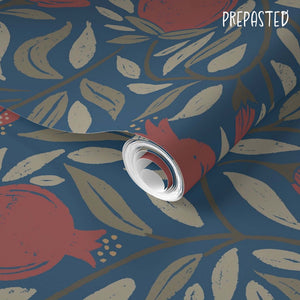 Deep Red woodcut pomegranate fruit on navy backdrop Pre-pasted Wallpaper