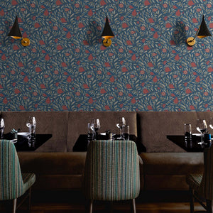 Deep Red woodcut pomegranate fruit on navy backdrop - striking solution for a large wall