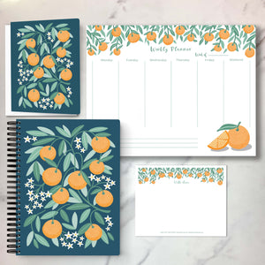 Shop our Orange Fruit design on all our products: note cards, folded note cards, notebooks and weekly planners.