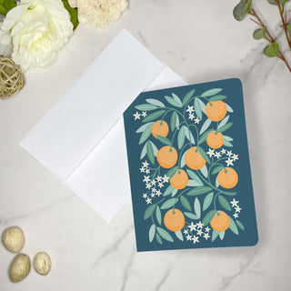 Set of 10 Folded Fruit Note Cards covered in Oranges Design. Each card is 4.25 x 5.5 inches and includes envelopes.
