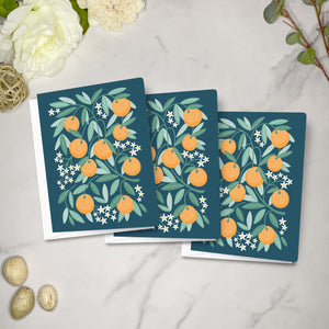 Set of 10 Folded Fruit Note Cards covered in Oranges Design. Each card is 4.25 x 5.5 inches and includes envelopes.