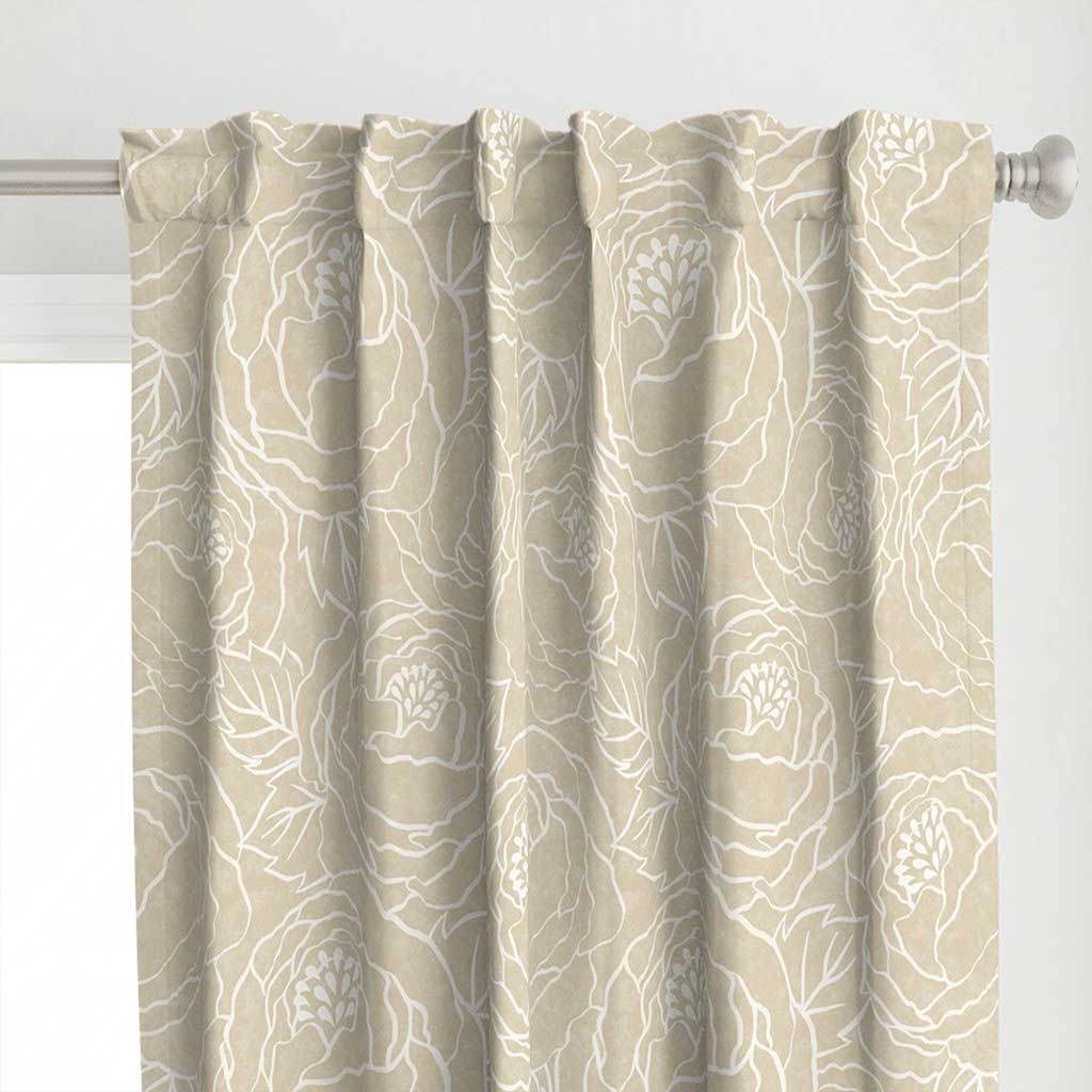 Top detail of the hand drawn floral peonies line art on an amber watercolor texture curtains
