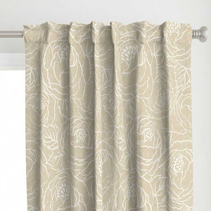 Top detail of the hand drawn floral peonies line art on an amber watercolor texture curtains