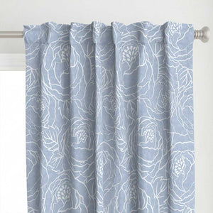 Top detail of the hand drawn floral peonies line art on a blue watercolor texture curtains