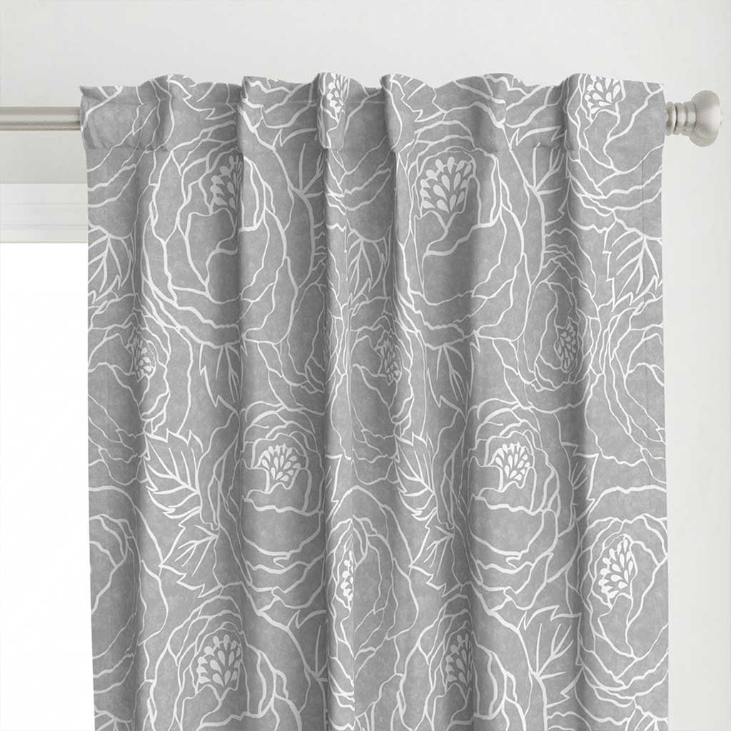 Top detail of the hand drawn floral peonies line art on a gray watercolor texture curtains