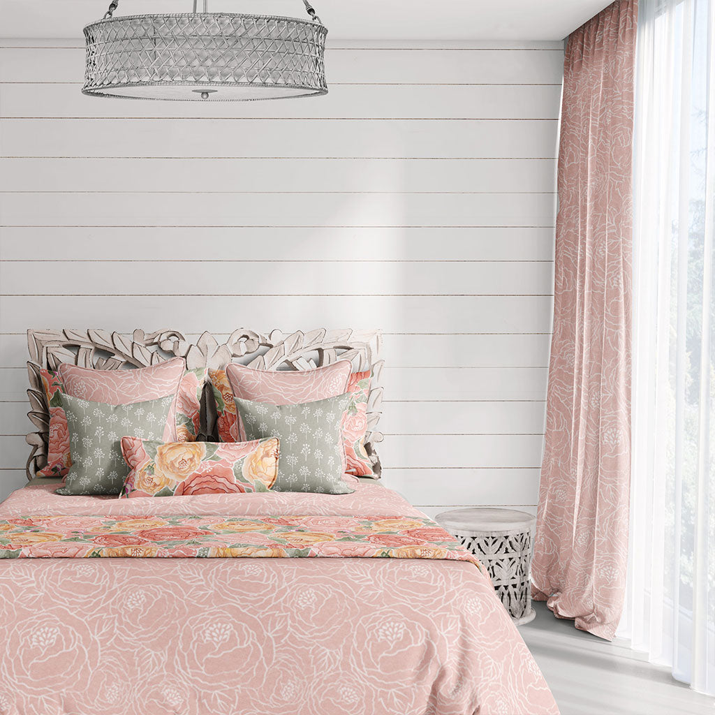 Example of a room with hand drawn floral peonies line art on a pink watercolor texture curtains. 