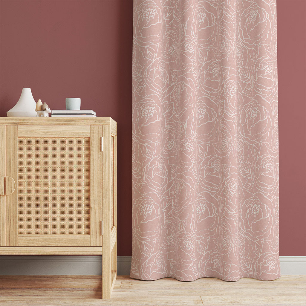 50 inch wide curtains with hand drawn floral peonies line art on a pink watercolor texture. Order two to complete a window-scape.