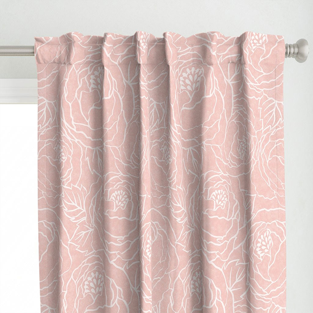 Top detail of the hand drawn floral peonies line art on a pink watercolor texture curtains
