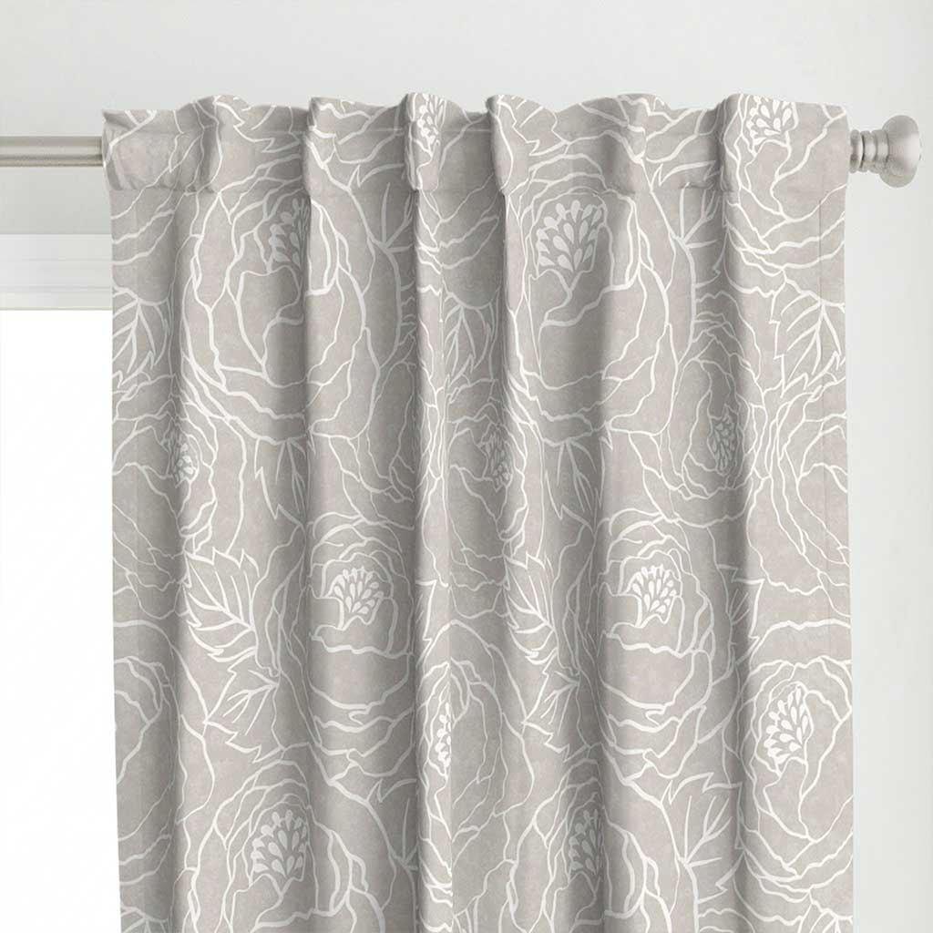 Top detail of the hand drawn floral peonies line art on a light sage watercolor texture curtains