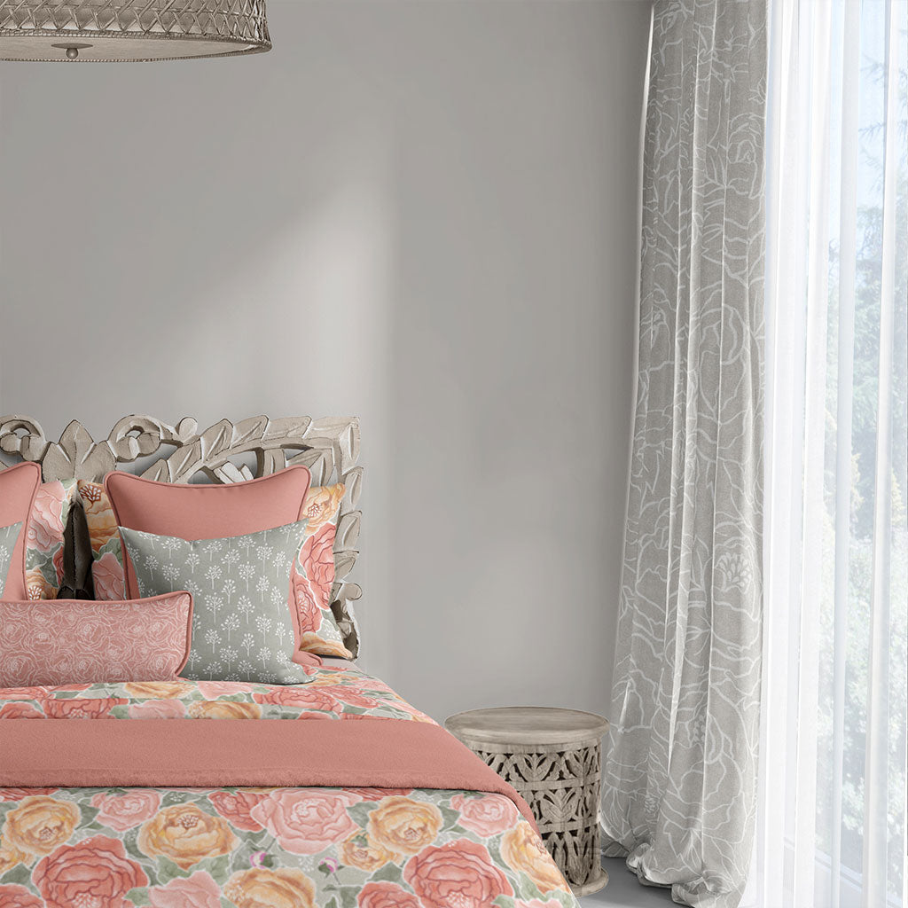 Example of a room with hand drawn floral peonies line art on a light sage watercolor texture curtains. 