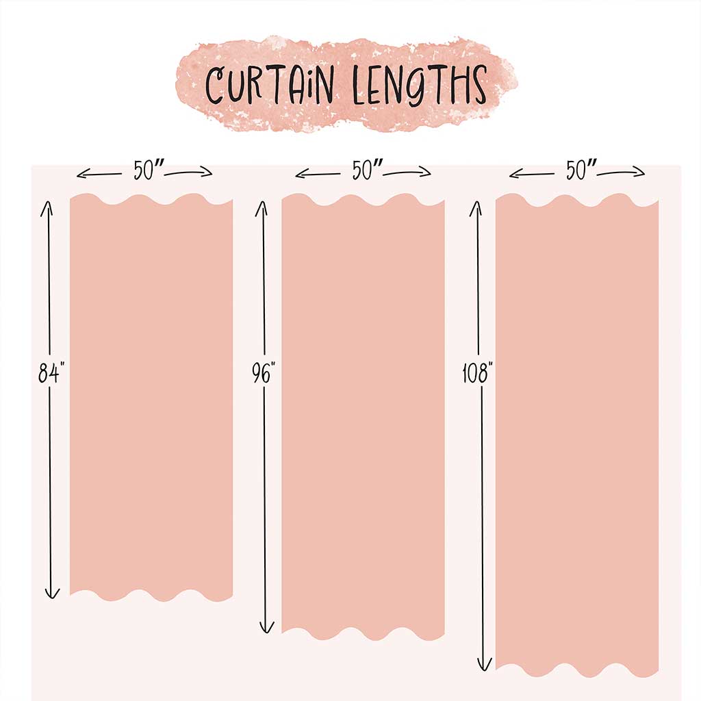 Diagram of the lengths of each of the curtain: 50”x84”, 50”x96”, and 50”x108”.
