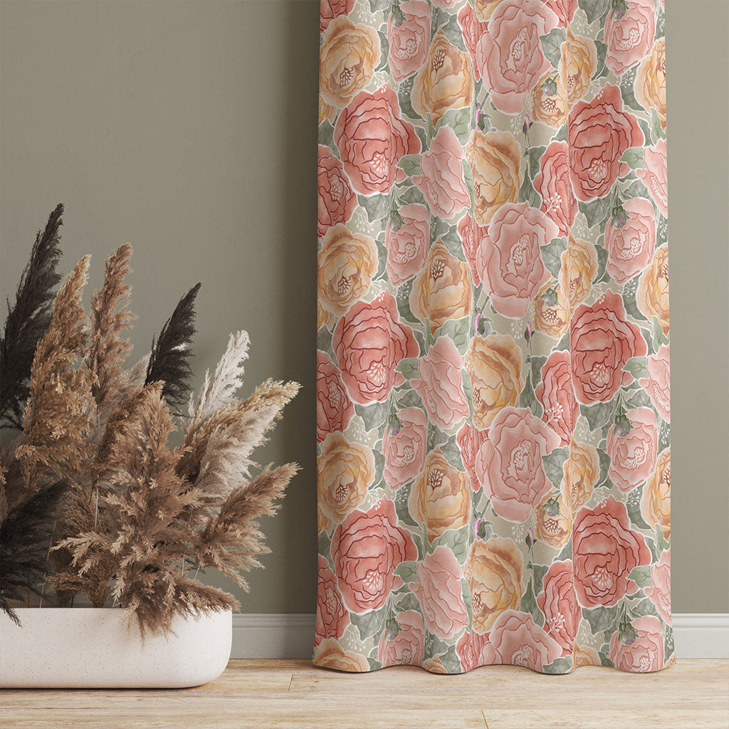 0 inch wide curtains with hand painted peonies bursting over an amber watercolor texture. Order two to complete a window-scape.