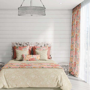 Example of a room with hand painted peonies bursting over an amber watercolor texture curtains. 